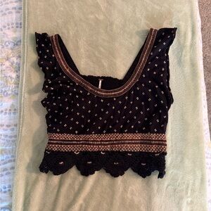 Free People Embroidered Black Crop Top